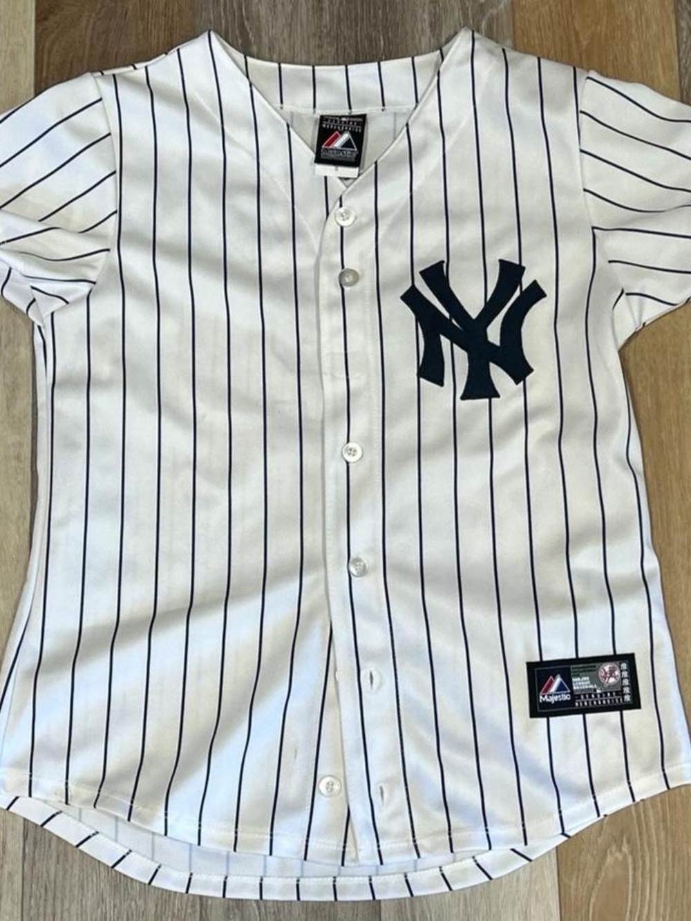 Majestic New York Yankees White & Navy Pinstripe Baseball Jersey
